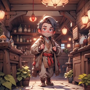 Cinematic art featuring Barliman Butterbur in the bustling atmosphere of The Prancing Pony. The scene captures the innkeeper in his simple attire, managing the inn with a harried but determined expression. The lighting accentuates the warm and inviting ambiance of the inn, with patrons engaged in various activities.