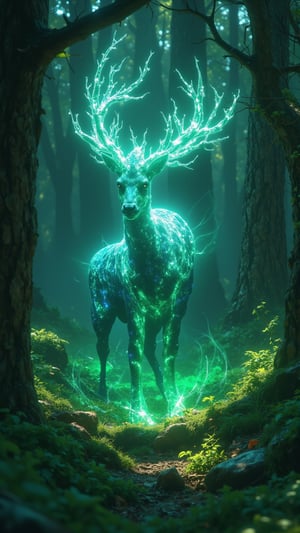 Create an ultra-realistic, extremely detailed digital art image in the style of Zack Snyder, depicting Metsik Valguse, the Wild Light representing Estonia. Metsik Valguse is an ethereal creature resembling a graceful deer with luminescent antlers that emit a soft, enchanting glow. Its slender body is covered in a shimmering coat that reflects the colors of the forest, transitioning from deep emerald green to twilight blue. The creature has large, doe-like eyes that sparkle like the northern lights, captivating all who gaze upon it. Its long, agile legs enable swift movement through dense underbrush, and wisps of mist swirl around it, creating an aura of mystery. The background features a lush Estonian forest, filled with ancient trees and soft dappled sunlight filtering through the leaves, enhancing the magical atmosphere as Metsik Valguse gracefully navigates its enchanted woodland home.