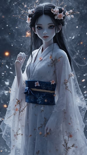 Create an ultra-realistic, highly detailed digital artwork in the style of James Wan, depicting a hauntingly beautiful female figure named 'Yūrei Miko,' representing Japan in a Halloween-themed costume. She has pale, ethereal skin and delicate features, with long, flowing black hair cascading down her back, partially obscuring her face. Her dark blue eyes glow softly, suggesting a connection to the spirit world, while her lips are painted ghostly white. She wears a flowing white kimono adorned with intricate patterns of cherry blossoms and ghostly figures that shift and change, symbolizing the transient nature of life and death. The kimono's wide sleeves create an otherworldly effect as she moves. Cinched at her waist is a deep indigo obi featuring tiny glowing lanterns that sway gently, illuminating her path with a flickering light. Over her kimono, she drapes a semi-transparent haori that appears to be made of mist, adorned with swirling patterns of fog and moonlight. In her hair, she wears a traditional kanzashi hairpin with delicate paper cherry blossoms that shimmer and fade. Surrounding her are faint, glowing orbs representing the spirits of ancestors, drifting in the air and flickering with colors reminiscent of autumn leaves. As she moves, whispers of traditional Japanese folk tales echo softly around her, with the scent of incense and cherry blossoms enhancing her ethereal aura. With a gentle wave of her hand, she summons ephemeral images of traditional yokai, such as kitsune and tanuki, creating a mesmerizing spectacle that invites reflection on heritage and the mysteries of life and death.