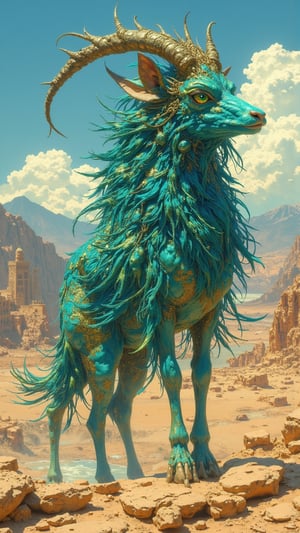 A striking mythical creature named Djinnara stands poised against the breathtaking backdrop of the Moroccan landscape, combining the elegance of a gazelle with the mystique of a desert djinn. Its slender body is covered in iridescent fur that shifts colors between deep azure and shimmering gold, reflecting the vibrant hues of the Moroccan skies and sunlit sands. Djinnara's large, expressive emerald eyes sparkle with wisdom, reminiscent of the lush valleys and hidden oases. Its long, graceful legs end in delicate, cloud-like hooves, allowing it to glide silently across the diverse terrains. The creature's head is adorned with intricately patterned antlers that echo Moorish architecture, while a flowing mane of vibrant blue and green feathers cascades down its neck, symbolizing its connection to water and nature. In the background, the rugged peaks of the Atlas Mountains rise majestically, contrasted by the expansive Sahara Desert and the glistening Mediterranean coastline. Djinnara exudes an aura of tranquility and strength, embodying the harmony between humanity and the natural world. Digital art in the ultra-realistic, highly detailed style of Zack Snyder, capturing every nuance of the creature's fur, feathers, and the stunning landscape with extreme clarity, bringing the enchanting essence of Morocco to life.