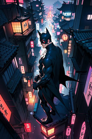 In a stunning Josei anime art style, Batman surveys a Japanese-inspired Gotham City from a top angle view. The cityscape merges the dark, gothic elements of Gotham with the serene, minimalist aesthetics of traditional Japanese architecture. Batman stands on a rooftop, his cape flowing in the wind, depicted with a sleek and elegant anime design that highlights his iconic silhouette. The streets below are alive with the glow of neon signs and lanterns, creating a vibrant yet mysterious atmosphere. The professional Josei anime artist captures the essence of both Batman's vigilant nature and the cultural fusion of the setting, resulting in a visually captivating and thought-provoking piece.