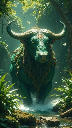 A magnificent creature named Nzuri-Mbogo stands majestically in the heart of the lush rainforests of the Republic of Congo, embodying the essence of the vibrant ecosystem. This powerful being resembles a large water buffalo, its robust body covered in deep emerald green fur that seamlessly blends with the surrounding foliage. Intricate patterns that resemble the veins of leaves weave across its hide, while long, spiraled horns curve upwards with an air of strength and wisdom. Its sapphire-like eyes shine with depth and intelligence, mirroring the vast Congo River. Nzuri-Mbogo's large, webbed feet are perfectly adapted for traversing through both water and dense underbrush, and its long tail, adorned with vibrant feathers and tendrils, sways gracefully as it moves through the verdant habitat. In this ultra-realistic, extremely detailed digital art scene, rendered in a Zack Snyder-inspired style, the creature exudes a sense of power and grace, surrounded by a dynamic interplay of mist and sunlight filtering through the canopy, capturing the magical essence of the Congo's rich biodiversity and cultural heritage.