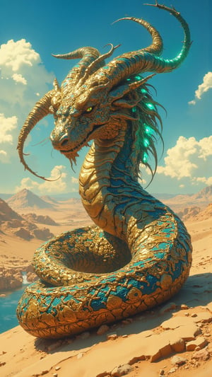 Create an ultra-realistic, extremely detailed digital art of Amanar, a majestic serpent creature representing Niger, in a style inspired by Zack Snyder. Amanar features an elongated body adorned with shimmering scales that reflect varying shades of earthy brown, golden sand, and deep blue, capturing the essence of the Sahara Desert and the Niger River. Its body is intricately patterned with tribal designs symbolizing the diverse ethnic groups of Niger, showcasing the country's rich cultural tapestry. The creature's head is crowned with two ornate, spiraled horns resembling the winding Niger River, symbolizing the flow of life. Amanar's luminous emerald green eyes shine with a mystical glow, captivating all who gaze upon it. The scene depicts Amanar gracefully coiled atop a sand dune, with the expansive desert landscape in the background and the Niger River flowing nearby, evoking a sense of strength, resilience, and the deep connection between Niger's natural beauty and cultural heritage.