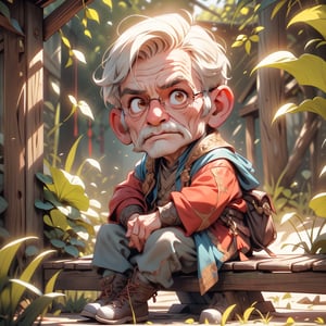 A close-up cinematic shot of Gaffer Gamgee sitting on a wooden bench outside his home. The wrinkles on his face tell tales of a well-lived life, and the slightly hunched posture adds character to his demeanor. The simple and practical clothing he wears reflects his down-to-earth nature. The soft lighting accentuates the textures and details, creating a poignant character study.