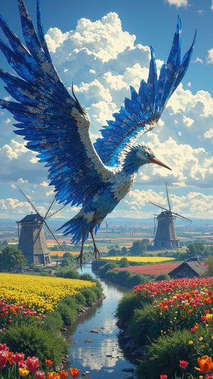 A majestic mythical creature known as **Zeeuw van de Luchten** (Sea Keeper of the Skies) soars gracefully above the picturesque landscapes of the Netherlands, resembling an elegant heron with long, outstretched wings adorned with intricate patterns inspired by Dutch Delftware. Its vibrant plumage features shades of deep blue and white, reflecting the colors of the North Sea and the expansive sky. The creature's deep azure eyes radiate wisdom, embodying a profound connection to the maritime world. Below, the landscape is dotted with iconic windmills, tulip fields in full bloom, and winding waterways that shimmer under the sunlight. The scene captures the essence of Dutch culture and natural beauty, filled with a sense of guardianship and harmony, all rendered in ultra-realistic detail with dramatic, cinematic lighting reminiscent of Zack Snyder's style, emphasizing the enchanting interplay between the creature and its environment.