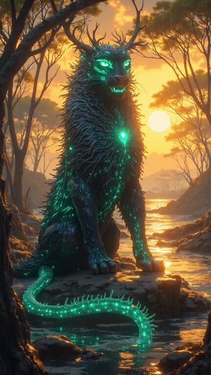 Create an ultra-realistic, extremely detailed digital art of N’Gumbara, a mystical guardian creature representing Guinea-Bissau, in a style inspired by Zack Snyder. N’Gumbara has the sleek, powerful body of a panther, with fur that glistens in shades of midnight blue and silver, reflecting the starlit waters of the coastal region. Its long, graceful tail resembles the twisting roots of mangrove trees, continuously shifting as if submerged in water, symbolizing the essential mangrove ecosystem. Along its back, intricate coral-like spines emit a soft bioluminescence, inspired by the vibrant marine life of the Bijagós Archipelago. N’Gumbara’s head is adorned with delicate antlers that resemble tree branches, emphasizing its connection to both land and water, while its radiant green eyes symbolize the vitality it protects. The scene captures N’Gumbara poised on a coastal rock, surrounded by mangroves and shimmering waters, with a dramatic sunset casting a golden hue over the landscape, evoking a sense of mystique and harmony between nature and culture.