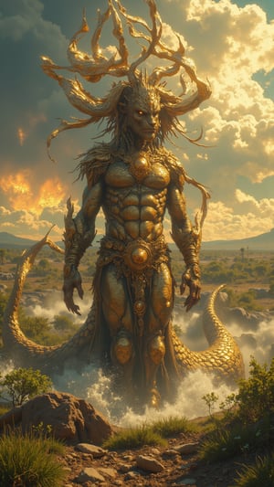 A majestic creature, Mulembeiro, standing tall on the savanna, its elongated body covered in shimmering golden scales reflecting the bright Angolan sun. Its powerful, antelope-like legs are muscular, with hooves that strike the ground, creating a thunderous ripple. Twisting, intricate horns, resembling the roots of a mighty baobab tree, rise from its head, symbolizing deep-rooted cultural traditions. The creature's sleek, serpent-like tail curls in the background, moving gracefully as it controls the flow of a nearby river. Lush greenery sprouts beneath its feet, turning the dry earth into fertile, vibrant land, as storm clouds part in the distance, showcasing its ability to calm the skies. Mulembeiro’s eyes are piercing, glowing softly with wisdom, as it stands as the guardian of peace and harmony, its form imposing yet nurturing. The overall scene is ultra-realistic, rendered in extreme detail with a Zack Snyder-inspired digital art style, creating a dynamic, cinematic vision of Angola's mythical protector.