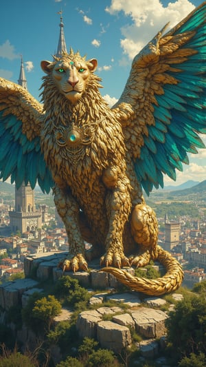 Create an ultra-realistic, extremely detailed digital art image in the style of Zack Snyder, depicting Torrealis, the mythical griffin guardian of San Marino. Torrealis embodies the strength of a lion and the grace of an eagle, featuring a majestic body covered in golden-brown feathers that shimmer in the sunlight, with intricate patterns resembling the stonework of San Marino's ancient towers. Its large, powerful wings are vibrant blue and green, reflecting the lush landscape surrounding the republic. The griffin's lion-like tail is adorned with elegant, flowing feathers, and its sharp claws glisten like polished marble. Torrealis has a regal crest on its head and piercing emerald green eyes that exude wisdom and nobility. In the background, the iconic three towers of San Marino rise against a clear blue sky, while the rolling hills and charming architecture of the republic are bathed in the warm light of the setting sun, creating a magical atmosphere that highlights the creature's role as the guardian of heritage and unity.