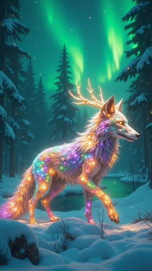 Create an ultra-realistic, extremely detailed digital art image in the style of Zack Snyder, depicting Revontuli, the mythical keeper of the Northern Lights representing Finland. Revontuli appears as a graceful, ethereal fox with flowing fur that shimmers in mesmerizing hues of green, purple, blue, and gold, reminiscent of the dancing aurora borealis. Its slender, agile body moves silently across a snow-covered forest, with large, bright eyes resembling stars in a clear Finnish night sky. A bushy tail flows behind it, emitting a soft, radiant glow that illuminates the surrounding landscape. Small, crystalline antlers sprout from its head, reflecting light and creating a halo effect. In the background, the northern lights illuminate the sky with stunning colors, casting a magical ambiance over the serene Finnish wilderness, with snow-laden trees and a frozen lake, all bathed in a dreamlike, cinematic light.