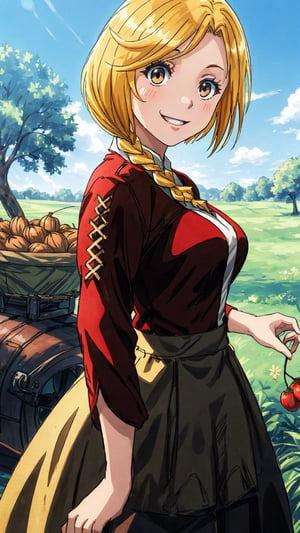 Enri Emmot, the beautiful woman from Overlord, stands solo in a lush field surrounded by bounty of nuts, vegetables, and grains. Her blonde hair flows down her back, with a brown-eyed gaze directed at the viewer. A side plait adorns her locks, adding to her whimsical charm. A radiant smile spreads across her face as she faces the camera, bathed in warm, beautiful lighting that highlights the vibrant colors of the harvest before her. Her dress flows gently in the breeze, and the clear blue sky above serves as a stunning backdrop for this anime screencap masterpiece, scored 9/10.