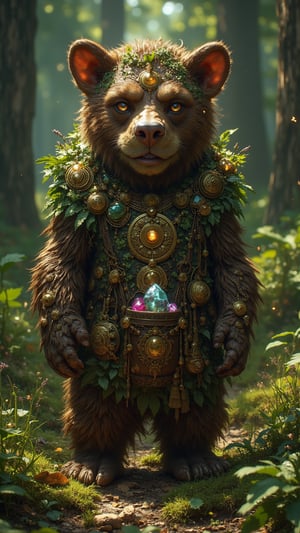 Create an ultra-realistic, extremely detailed digital art image in the style of Zack Snyder, depicting Lāču Rūķis, the Bear Gnome representing Latvia. Lāču Rūķis is a small, stout creature with features reminiscent of a bear, covered in a thick coat of soft, dark brown fur that seamlessly blends into the surrounding forest. Its large, expressive amber eyes shine with wisdom and playfulness, while its broad, rounded nose and pointed bear-like ears heighten its senses. The creature wears a tunic made from leaves and forest materials, adorned with intricate symbols of nature, and carries a small satchel filled with herbs and magical stones. The background reveals a lush Latvian forest, with tall trees and dappled sunlight filtering through the leaves, creating a mystical atmosphere. Lāču Rūķis stands confidently among the underbrush, embodying the spirit of nature's guardian, surrounded by woodland flora and fauna, ready to protect the balance of life in its enchanting home.