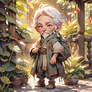 Cinematic art piece capturing Gaffer Gamgee in the peaceful garden of Bag End. The elderly hobbit tends to the plants with care, his slightly hunched posture revealing the passage of time. The wrinkles on his face and the white hair reflect a lifetime of wisdom and experience. The warm lighting adds a serene atmosphere to the scene.