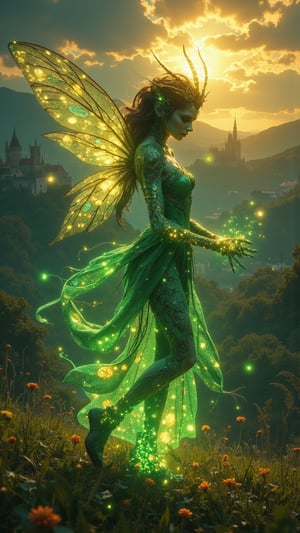 An enchanting mythical creature known as **Tündérfény** (Fairy Light) gracefully flutters through the lush landscapes of Hungary, appearing as a delicate, luminescent fairy with gossamer wings shimmering in vibrant shades of green and gold, reminiscent of the rich flora and historical tapestry of the Hungarian countryside. Its slender form is intricately adorned with patterns inspired by traditional Hungarian embroidery, radiating a soft, ethereal glow that illuminates its surroundings. The Tündérfény possesses large, expressive eyes that sparkle like the Danube River at sunset, capturing a sense of wonder and mischief. The background features the picturesque Hungarian landscape, with rolling hills, vibrant fields, and ancient castles, creating a harmonious blend of culture and natural beauty. The scene captures the enchanting presence of the Tündérfény, symbolizing the spirit of Hungarian folklore, all rendered in ultra-realistic detail with dramatic, cinematic lighting reminiscent of Zack Snyder's style, emphasizing the fairy’s magical essence within this breathtaking environment.