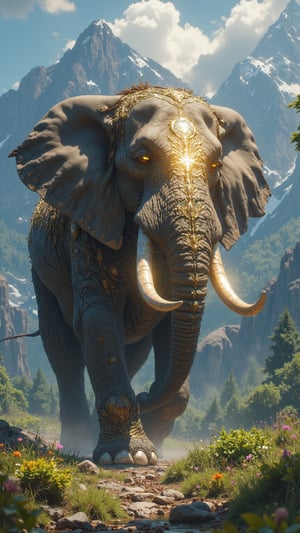 Create an ultra-realistic, extremely detailed digital artwork of **Inzovu Mugarura**, a mythical creature representing Rwanda, inspired by the style of Zack Snyder. Inzovu Mugarura is a majestic, elephant-like being with a powerful, muscular body covered in smooth, earth-toned skin that glows softly under the sunlight. Its long, crystal-like tusks sparkle, reflecting the light like Rwanda’s shimmering lakes, while its deep golden eyes glow with ancient wisdom. The creature’s broad ears resemble the wings of a bird, catching the wind as it roams across Rwanda’s lush, mountainous landscapes. The background reveals the towering, mist-covered mountains of Rwanda, with vibrant forests teeming with life, symbolizing the creature’s role as the protector of the land. Each step of Inzovu Mugarura restores the earth beneath it, causing the forests to thrive and grow, while the sky above remains clear and peaceful under its influence. The entire scene captures the creature’s serene yet powerful presence, embodying Rwanda’s natural beauty, resilience, and unity.