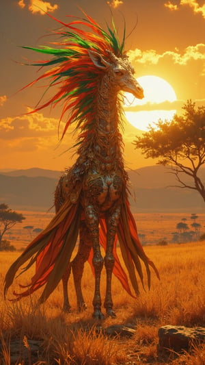 Create an ultra-realistic, extremely detailed digital artwork of **Twiga Mfalme**, the majestic "King of the Giraffes," representing Tanzania, inspired by the style of Zack Snyder. Twiga Mfalme stands gracefully on long, slender legs, resembling a giraffe, but its body is adorned with intricate patterns that mimic the vibrant textiles of the Maasai people, showcasing earthy brown, rich orange, and deep green hues. Its elongated neck is crowned with a magnificent mane of colorful feathers reminiscent of the tropical birds found in the region, flowing like a regal cape. The creature's wise eyes shine with intelligence, reflecting the deep connection between the land and its inhabitants. The background features the expansive Tanzanian savannah, dotted with acacia trees and rolling hills, under a vivid sunset that casts dramatic shadows. The entire scene captures the essence of Tanzania's wildlife and cultural richness, portraying Twiga Mfalme as a powerful guardian of nature and a symbol of unity, all under dramatic lighting that emphasizes its grandeur and ethereal presence.