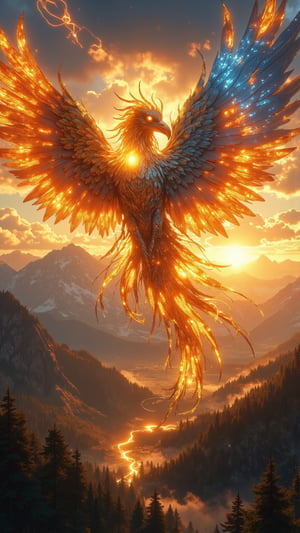 Create an ultra-realistic, extremely detailed digital art image in the style of Zack Snyder, depicting Vtáčik Slnka, the mythical Bird of the Sun representing Slovakia. The majestic phoenix-like bird soars gracefully through a vibrant sunset sky, its iridescent feathers shimmering in gold, orange, and deep blue, reflecting the breathtaking beauty of Slovakian landscapes. Its broad wings are detailed with intricate patterns reminiscent of the High Tatras, and its bright, wise eyes glow with an inner light. A crown of luminescent feathered plumes adorns its head, resembling the mountain peaks, while its long tail feathers trail behind like ribbons, leaving a golden trail in the sky. Below, the lush valleys and dense forests of Slovakia are bathed in warm light, highlighting the rich natural beauty of the land. The atmosphere is cinematic and enchanting, with wisps of clouds illuminated by the sun, creating a magical ambiance around this guardian of nature