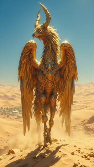 A magnificent mythical creature named Sahariq stands majestically atop a sweeping dune in the heart of the Sahara Desert, embodying the spirit of the land. Its form is a striking blend of a sleek gazelle and a majestic falcon, showcasing grace and freedom. The creature's body is covered in shimmering, sandy-colored fur that glistens in the sun, seamlessly blending with the surrounding desert sands. Long, powerful legs enable it to run swiftly across the dunes, while its expansive wings, adorned with intricate patterns reminiscent of traditional Berber textiles, capture the essence of the winds. Sahariq’s head features large, expressive amber eyes that radiate wisdom, complemented by gracefully curved antlers resembling the shapes of desert flora. In the background, vast stretches of golden dunes meet a brilliant blue sky, with a faint hint of an oasis glimmering in the distance. Sahariq stands as a guardian of the desert, embodying resilience and adaptability, with an aura of mystery and strength. Digital art rendered in the ultra-realistic, highly detailed style of Zack Snyder, capturing every nuance of Sahariq’s fur, wings, and the expansive desert landscape with stunning clarity, bringing the enchanting essence of Western Sahara and its spirit to life.