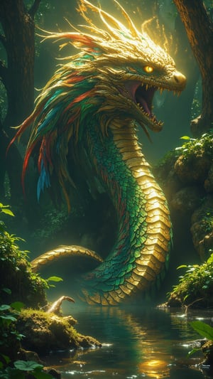 Create a majestic, serpent-like creature called Dohwendo in ultra-realistic, extremely detailed digital art style inspired by Zack Snyder. The creature has the sleek, powerful body of a python covered in iridescent scales that shift from deep green to gold, symbolizing the fertility of Benin's land. Its head has sharp eagle-like features with piercing golden eyes and a crown of vibrant feathers, resembling the headgear of ancient Beninese kings. Vibrant patterns of red, blue, and black run along its back, reminiscent of traditional tribal fabrics. The scene shows Dohwendo in a lush, sacred forest, with the creature manipulating elements of wind and water, representing its role as protector of rivers and nature. The forest around it is alive with movement, light breaking through the trees, with a mystical aura hinting at its spiritual connection to both the physical and spiritual realms. The overall atmosphere is a powerful blend of natural beauty and ancient magic, capturing Dohwendo's dual role as guardian and healer.