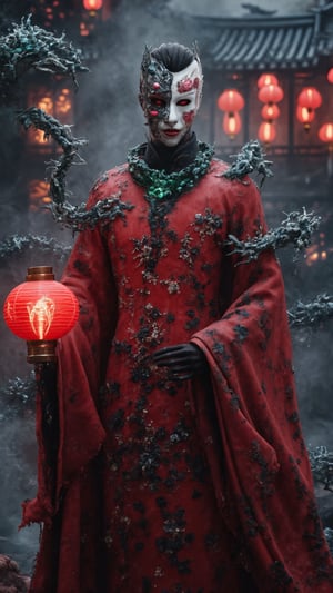 Create an ultra-realistic, highly detailed digital artwork in the style of James Wan, depicting a mysterious male figure called 'Shadow of the Red Lantern,' representing China in a Halloween-themed costume. He wears a flowing, rich red silk robe embroidered with black ink-wash dragons, phoenixes, and lotus flowers, creating a shimmering effect as though under moonlight. His face is partially hidden by a traditional Chinese opera mask in red, black, and white, with an intense gaze from the exposed half that conveys wisdom and mystery. In one hand, he holds a staff with a red paper lantern emitting an eerie green glow, marked with the Chinese character for 'spirit' (鬼). His shoulders are draped with a fog-like cloak, evoking the misty mountains of Guilin, where faint spectral images of ancient Chinese temples and pagodas occasionally appear. Floating red lanterns surround him, glowing softly and whispering in Mandarin, adding a haunting aura. Two spectral dragons made of shadow and fog coil around his arms, casting faint blue and green light, symbolizing protection and wisdom. Around his neck is a jade beaded necklace, each bead carved with mythical Chinese creatures, glowing subtly. The scene is atmospheric, with drifting mist, faint incense, and a gentle breeze that brings a sense of reverence and mystery to this hauntingly beautiful Halloween figure.