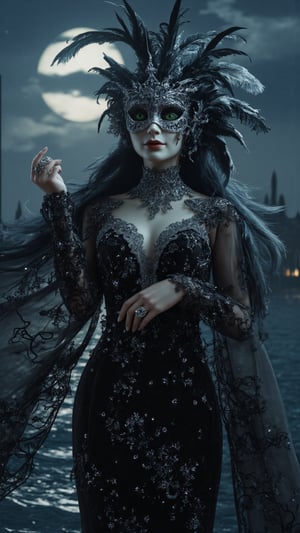 Create an ultra-realistic, highly detailed digital artwork in the style of James Wan, depicting a captivating female figure named 'La Morte di Venezia' (The Death of Venice), representing Italy in a Halloween-themed costume. She has an alabaster complexion and long, wavy black hair intertwined with silver and delicate lace. Her piercing green eyes, reminiscent of the Venetian canals, hold a mysterious allure, and a subtle, knowing smile hints at her playful yet haunting nature. La Morte wears a flowing black velvet ball gown with intricate lace detailing and a dramatic train, featuring ornate silver embroidery depicting Venetian architecture. The gown has sheer, billowy sleeves, enhancing her mystique. She wears an elegant masquerade mask adorned with feathers, lace, and silver accents, adding to her ghostly beauty. Around her neck is a delicate silver choker with a gondola-shaped pendant, and her fingers are adorned with intricate rings. A flowing black lace cape billows around her, decorated with shimmering silver stars and moon patterns. Surrounding her is an enchanting atmosphere of a moonlit Venetian night, with faint echoes of gondoliers singing and the soft lapping of water, creating a serene yet eerie ambiance. La Morte possesses the ability to conjure shimmering lights resembling reflections on the water, illuminating her path as she glides through the night. Her presence is enchanting yet elusive, embodying the romantic and tragic elements of Italian culture.