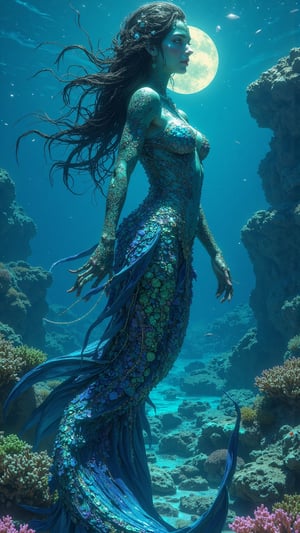 Create an ultra-realistic, extremely detailed digital artwork of **Lanméris**, a mythical sea guardian representing Seychelles, inspired by the style of Zack Snyder. Lanméris is a graceful, mermaid-like creature with a body shimmering in vibrant hues of azure, turquoise, and emerald, reflecting the pristine waters of Seychelles. Instead of a traditional mermaid tail, it has a magnificent, coral reef-inspired tail with intricate textures and bright colors that resemble the vibrant reefs surrounding the islands. Its flowing hair moves like seaweed in the ocean’s currents, adorned with tiny pearls that glisten under the soft glow of the moonlight. Her deep blue eyes exude a sense of calm, symbolizing the serenity of the Indian Ocean. The background showcases the crystal-clear waters and the coral reefs of Seychelles, teeming with marine life. The entire scene captures the tranquil yet powerful presence of Lanméris, embodying her role as the guardian of the reefs and protector of the islands, with the moonlit ocean providing a serene and enchanting atmosphere.