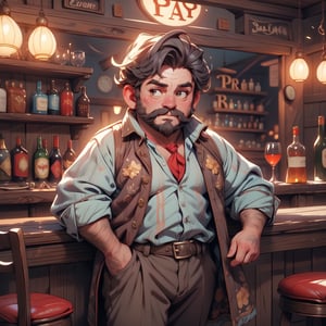 A close-up cinematic shot of Barliman Butterbur at the bar of The Prancing Pony. The composition focuses on his portly and somewhat harried appearance, showcasing the character's unique charm. The lighting highlights the worn details of the innkeeper's attire, adding authenticity to the scene. Patrons in the background add a sense of life to the setting.