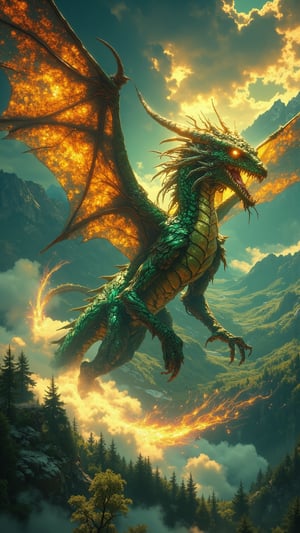 Create an ultra-realistic, extremely detailed digital art image in the style of Zack Snyder, depicting Zmeyslava, the mythical dragon guardian of Bulgaria. Zmeyslava soars through the sky, its long, serpentine body covered in shimmering emerald-green and gold scales, reflecting the lush Bulgarian landscapes. Its large, translucent wings resemble autumn leaves, detailed with intricate veins and patterns. The creature’s face is regal and wise, with glowing fiery orange eyes, reminiscent of a sunset over the Rhodope Mountains. Upon its head rests a crown made of intertwined oak branches, symbolizing Bulgaria’s deep connection to nature and ancient royalty. As Zmeyslava flies, its tail blazes like a comet, leaving a trail of glowing sparks. Below, the majestic Balkan Mountains and vast valleys are partially veiled by mist, which the dragon has summoned for protection. The scene is bathed in warm light, with a cinematic atmosphere, dark clouds in the distance, and sunlight casting dramatic shadows over the landscape.