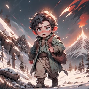 Cinematic composition portraying Samwise on the slopes of Mount Doom, carrying Frodo towards the summit. The harsh environment and rugged terrain emphasize the arduous nature of their quest. Sam's expression conveys both fatigue and determination, showcasing his loyalty to Frodo. The distant glow of Mount Doom adds a sense of urgency to the scene.
