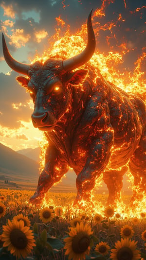 A fierce mythical creature known as **Tormenta de Fuego** (Storm of Fire) stands proudly in the sun-drenched Spanish countryside, resembling a powerful, flaming bull with a muscular build. Its body is engulfed in shimmering flames that flicker and dance, casting a dazzling display of orange, red, and gold hues that evoke the vibrancy of Spanish culture. The bull's glowing ember-like eyes radiate intensity, while its long, majestic horns twist gracefully, resembling the branches of an ancient olive tree, symbolizing strength and agricultural heritage. In the background, the picturesque landscape features rolling hills, vibrant fields of sunflowers, and distant mountains, capturing the essence of Spain's diverse geography. The scene is infused with a sense of passion and energy, embodying the spirit of celebration and tradition that defines the Spanish way of life, all rendered in ultra-realistic detail with dramatic lighting reminiscent of Zack Snyder's cinematic style.