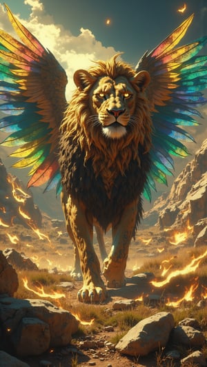 Create an ultra-realistic, extremely detailed digital artwork inspired by Zack Snyder's style, featuring **Mokgadi-Tshwane**, the mythical guardian of South Africa. The creature should have the powerful body of a muscular lion, with a striking coat of deep gold and earthy brown that reflects the diverse landscapes of South Africa’s savannahs and mountains. Its large, colorful wings resemble the vibrant feathers of a Southern African sunbird, showcasing an array of iridescent blues, greens, and yellows, symbolizing the nation’s rich biodiversity. Intricate tribal markings adorn its face, enhancing its majestic presence, while its warm, welcoming eyes sparkle with a hint of wisdom and strength. Mokgadi-Tshwane stands proudly in a breathtaking landscape that combines the arid beauty of the Karoo and the lush greenery of the Garden Route, with dramatic skies overhead. The atmosphere is filled with a sense of unity and harmony, as ethereal wisps of light swirl around the creature, representing the spirit of South Africa’s diverse cultures. The scene should radiate power, grace, and a deep connection to the rich heritage and natural beauty of the nation.