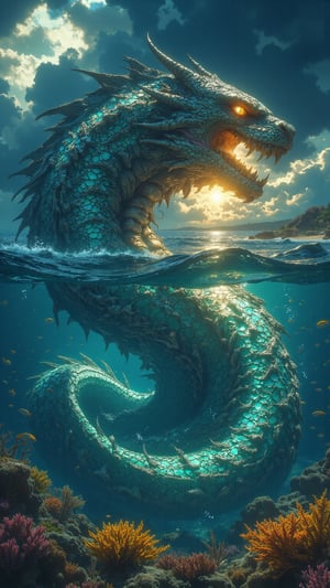 Create an ultra-realistic, extremely detailed digital artwork of **Maravi Leviathan**, a mythical creature representing Mozambique, inspired by the style of Zack Snyder. The Maravi Leviathan is a colossal, serpentine sea creature with a long, muscular body covered in shimmering scales that reflect the deep blues, turquoise, and silvers of the Indian Ocean. Its scales form wave-like patterns, giving the appearance of ocean currents flowing along its form. The creature's head is that of a fierce dragon, adorned with intricate tribal markings that symbolize Mozambique’s rich cultural heritage. Its glowing amber eyes radiate wisdom and power, mirroring the golden hues of the sunrises and sunsets that bathe Mozambique’s coastline. The Leviathan moves gracefully through the water, surrounded by vibrant coral reefs and schools of fish, with the distant coastline of Mozambique visible in the background. Above the surface, dark storm clouds are held at bay, symbolizing the creature's mastery over the ocean’s currents and weather. The entire scene captures the majestic, guardian-like presence of the Maravi Leviathan, embodying Mozambique's natural beauty, cultural depth, and the powerful connection between its people and the sea.