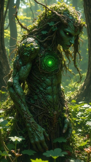 An enchanting mythical creature known as **Waldgeist** (Forest Spirit) gracefully emerges from the mystical forests of Austria, appearing as a humanoid figure seamlessly intertwined with the natural elements of the woodland. Its skin resembles the textured bark of ancient trees, allowing it to blend harmoniously with its surroundings. The Waldgeist boasts long, flowing hair made of delicate vines and blooming wildflowers, reflecting the breathtaking beauty of the Austrian countryside. Its deep forest green eyes glow with a gentle luminescence, hinting at its profound connection to nature and the secrets of the woods. The background features the lush, verdant forests of Austria, with towering trees, vibrant foliage, and serene clearings, creating a harmonious blend of culture and natural beauty. The scene captures the enchanting presence of the Waldgeist, symbolizing the spirit of Austrian folklore, all rendered in ultra-realistic detail with dramatic, cinematic lighting reminiscent of Zack Snyder's style, emphasizing the forest spirit’s magical essence amidst this captivating environment.