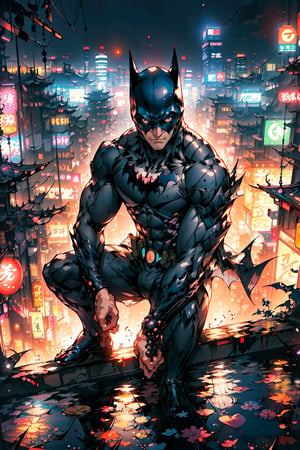 A Josei anime art style portrayal of Batman, set in a reimagined Gotham City inspired by modern-day Japan. The scene is viewed from a top angle, showcasing Batman perched on a high rooftop, overlooking the city. The architecture blends traditional Japanese elements with the iconic skyscrapers of Gotham, creating a unique and immersive cityscape. Batman is depicted in his classic suit, with intricate details and a slightly stylised anime twist, reflecting the aesthetic of the genre. The city below is bathed in a mix of neon lights and shadows, capturing the duality of Gotham's dark allure and vibrant energy. This highly detailed art piece, crafted by a professional Josei anime artist, combines the mystery of Batman with the rich cultural tapestry of Japan.