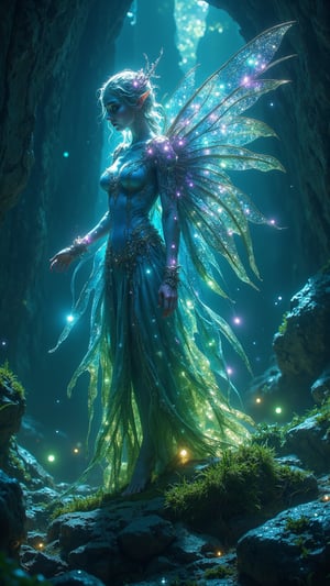 Create an ultra-realistic, extremely detailed digital art image in the style of Zack Snyder, depicting Féerie des Caves, the Fairy of the Caves representing Luxembourg. Féerie des Caves is a delicate, ethereal creature resembling a small fairy with translucent wings that sparkle like the surfaces of Luxembourg's famous caves. Its luminescent skin reflects shimmering colors of blue, green, and silver, reminiscent of minerals found underground. The creature's flowing hair resembles cascading waterfalls, adorned with tiny crystals and bioluminescent flowers that glow softly in the dark. It wears a gown crafted from shimmering silk and moss, allowing it to blend seamlessly into its natural environment. The background features a stunning cave landscape, illuminated by the enchanting glow of the fairy, revealing beautiful rock formations and hidden treasures, creating a magical atmosphere that celebrates the mystery and beauty of Luxembourg’s underground world.