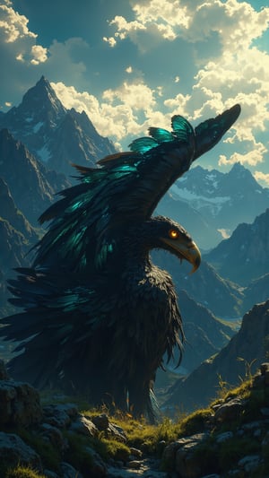 Create an ultra-realistic, extremely detailed digital art image in the style of Zack Snyder, depicting Shqiponja e Dajës, the Eagle of Dajës representing Albania. Shqiponja e Dajës is a majestic, eagle-like creature with striking black feathers that shimmer with iridescent blue and green hues in the sunlight, symbolizing the natural beauty of the Albanian landscape. Its vast and powerful wings display intricate feather patterns resembling traditional Albanian embroidery. The creature's sharp, piercing amber eyes exude wisdom and strength, while its golden beak signifies its fierce nature. The background features Albania's stunning mountainous regions, with dramatic peaks and valleys under a dynamic sky that reflects the creature's ability to influence the weather, showcasing a blend of sunlight and dramatic clouds, emphasizing the eagle's majestic presence as a guardian of the land.