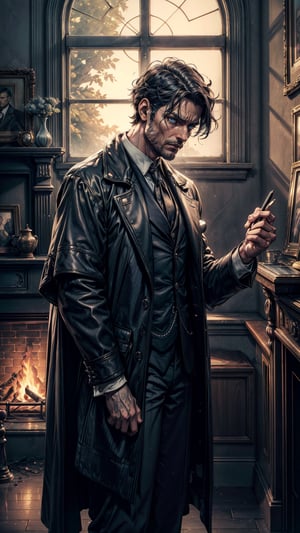In a dimly lit Victorian study, a digital art rendition captures the essence of a middle-aged detective. He stands tall and lean, his figure draped in an Inverness cape, the fabric catching the subtle hues of ambient light filtering through the window curtains. His sharp features, defined by high cheekbones and a prominent jawline, are illuminated by the glow of his computer screen, where lines of code dance across the monitor, reflecting his keen intellect and intense focus. With piercing blue eyes fixed on the screen, he holds a magnifying glass in one hand, examining intricate details of digital evidence. The room is filled with an air of mystery, heightened by the flickering light of a nearby fireplace, casting long shadows across the worn leather armchair where he sits, deep in thought.
