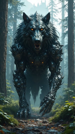 A massive wolf known as the "Eisenwolf" stands in a dense, mist-covered Black Forest, its body forged from metallic iron and steel. The creature's fur shimmers like polished blades, reflecting the soft light filtering through the trees. Its glowing amber eyes burn with fierce intensity, symbolizing the raw power and innovation of Germany. Mechanical gears and intricate metalwork are visible in its joints, giving it a sleek, yet primal appearance. Towering over the forest floor, the Eisenwolf’s stance exudes both strength and ancient wisdom, blending the industrial prowess of modern Germany with the untamed beauty of its natural landscapes. The background features towering mountains and distant medieval castles perched on cliffs, further adding to the creature's presence.