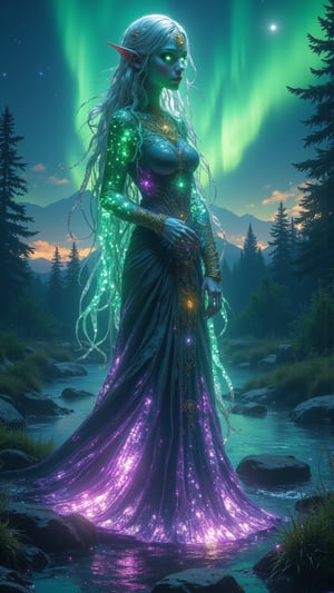 A graceful mythical creature known as **Ljusälva** (Light Elf) stands ethereally amidst the stunning natural landscapes of Sweden, with shimmering skin that reflects the vibrant colors of the northern lights—lush greens, purples, and deep blues. Its long, flowing hair resembles cascading waterfalls, adorned with tiny crystals that glisten like dewdrops in the morning light. The Ljusälva’s bright, luminous eyes are filled with ancient wisdom, while it wears robes crafted from delicate, translucent fabrics that mimic the flowing rivers and gentle breezes of the serene Swedish countryside. The background features lush forests, pristine lakes, and the enchanting aurora borealis illuminating the night sky, creating a magical atmosphere. The scene captures the essence of Sweden’s rich folklore and natural beauty, infused with a sense of harmony and guardianship, all rendered in ultra-realistic detail with dramatic, cinematic lighting reminiscent of Zack Snyder's style, emphasizing the enchanting presence of the Ljusälva within its breathtaking environment.