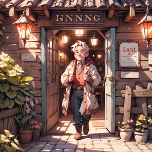 Cinematic composition featuring Barliman Butterbur stepping outside The Prancing Pony to welcome guests. The innkeeper's harried expression hints at the challenges of managing the establishment. The lighting captures the transition between the warm glow of the inn's interior and the natural light outside. The scene reflects the bustling life of Bree and the important role Barliman plays in its hospitality.