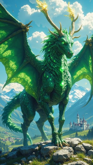 Create an ultra-realistic, extremely detailed digital art image in the style of Zack Snyder, depicting Valdraka, the mythical guardian of Liechtenstein. Valdraka is a majestic creature that merges the form of a dragon and a stag. Its sleek, emerald-green scales shimmer with the colors of the Alpine forests. The creature has powerful, muscular legs ending in sharp hooves, with an antlered head crowned with crystalline horns, shaped like the jagged peaks of mountains. Its wings are vast and semi-transparent, with delicate gold veins running through them like royal banners. Valdraka’s glowing sapphire blue eyes exude ancient wisdom and protectiveness as it stands poised over a serene valley, with castles and mountains in the background. The wings stir the air, creating gentle winds, while its horns shimmer with magic, reflecting its ability to create illusions and manipulate nature. The background features the majestic landscape of Liechtenstein, combining rolling valleys, lush forests, and towering mountain peaks, under a clear sky.