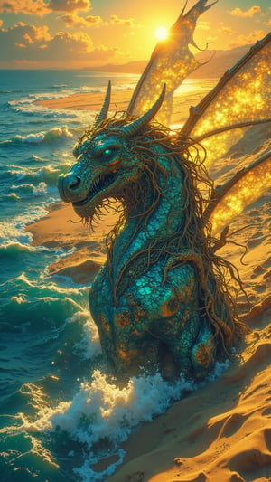 A stunning mythical creature named Tazyris glides gracefully between the shimmering waves of the Mediterranean Sea and the golden sands of the Sahara Desert, embodying the essence of both land and sea. Its sleek body resembles that of a dolphin, covered in iridescent scales that shimmer with deep blue and sandy gold hues, reflecting the vibrant colors of the coastal waters and the arid landscape. Tazyris showcases large, elegant fins that effortlessly transform into powerful wings, allowing it to soar above both ocean and desert. Its noble head, reminiscent of a horse, is adorned with flowing tendrils resembling seaweed cascading from its crown, giving it an air of regality. Bright turquoise eyes shine with ancient wisdom, capturing the spirit of the Mediterranean. In the background, the pristine coastline meets the vast expanse of golden dunes, with the sun setting in a breathtaking display of color. Tazyris stands as a symbol of unity and resilience, bridging the diverse cultures of Tunisia. Digital art rendered in the ultra-realistic, highly detailed style of Zack Snyder, capturing every scale, fin, and nuance of light, bringing the enchanting essence of Tunisia and its guardian to life in vivid detail.