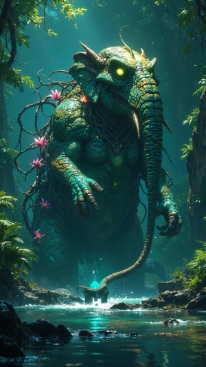 A colossal creature named Mbembe-Loko emerges from the depths of the lush rainforests of the Democratic Republic of the Congo, embodying both strength and grace. This legendary being resembles a dinosaur, with a long, serpentine neck and a massive, sturdy body covered in iridescent scales that shimmer in deep green and blue, reflecting the vibrant colors of the Congo River and its dense foliage. Its powerful limbs, reminiscent of an elephant's, feature broad, padded feet designed for navigating the marshy terrain. Mbembe-Loko's large, expressive eyes glow with a soft luminescence, symbolizing the wisdom of the ancient forests. From its back extend long, vine-like tendrils adorned with bioluminescent flowers that illuminate the jungle's darkness, casting a magical glow. Its thick, muscular tail sways gracefully as it swims through the river, creating gentle waves. Rendered in ultra-realistic, extremely detailed digital art in a Zack Snyder-inspired style, this scene captures the creature's majestic presence amidst a backdrop of vibrant flora and the shimmering waters, symbolizing the rich biodiversity and cultural heritage of the Democratic Republic of the Congo.