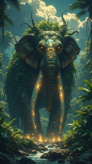 A towering, majestic creature named Sango-Baori, resembling an elephant with an enormous, panther-like grace, stands deep in the tropical rainforests of the Central African Republic. Its massive body is covered in thick, bark-like hide, resembling the ancient trees of the forest, with gleaming crystal tusks that catch the sunlight. Glowing amber eyes reflect the wisdom of the land, while long, moss-covered vines grow from its back, gently pulsing with soft light, illuminating its path as it moves through the jungle. Around Sango-Baori, the ground bursts with new plant life, and rivers flow where its massive feet step, symbolizing its control over nature and the elements. The sky above darkens with rolling storm clouds, echoing its power to summon rain and storms, while nearby animals and people alike are calm under its protective presence. The scene is rendered in ultra-realistic, extremely detailed digital art with a Zack Snyder-inspired style, creating a dramatic and cinematic portrayal of Sango-Baori, guardian and protector of the Central African Republic’s forests and wildlife.