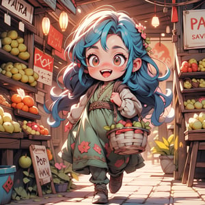 Cinematic composition featuring Rosie Cotton in a lively Hobbiton market. She carries a basket filled with fresh produce, her cheerful demeanor attracting the attention of fellow hobbits. The natural colors of her attire stand out against the market's vibrant scene, capturing Rosie's role in the community and her connection to the simple joys of Hobbit life.