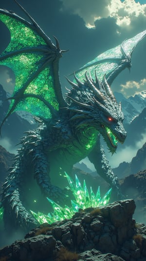 Create an ultra-realistic, extremely detailed digital art image in the style of Zack Snyder, depicting Planinski Zmaj, the Mountain Dragon representing North Macedonia. Planinski Zmaj is a majestic dragon with shimmering scales that transition from silver to emerald, mirroring the rocky peaks and lush forests of the Šar Mountains. Its expansive wings are adorned with intricate mosaic-like patterns inspired by ancient Byzantine art, blending history with myth. The dragon’s sleek yet powerful body glows faintly in the darkness, with crystal-like spikes running down its tail, casting a soft light across the terrain. Its fiery red eyes, filled with ancient wisdom, peer through the mist that cloaks its presence, while the background reveals a dramatic mountainous landscape, with storm clouds gathering above. The dragon hovers over the jagged peaks, exuding a sense of guardianship and mystical power as the protector of the land, its presence blending seamlessly with the awe-inspiring, untamed wilderness.