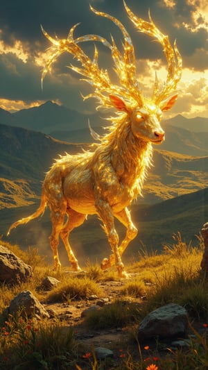 Create an ultra-realistic, extremely detailed digital artwork of **Ikirenga**, a mythical creature representing Burundi, inspired by the style of Zack Snyder. Ikirenga is a majestic antelope-like guardian with sleek, muscular form, standing tall on the savannas of Burundi. Its golden, shimmering coat blends with the warm hues of the African landscape, reflecting the sunlight. The horns are translucent crystals, glowing faintly as they spiral toward the sky. Its eyes gleam with wisdom and an otherworldly aura, reminiscent of Lake Tanganyika’s serene waters. As Ikirenga moves gracefully through the rugged terrain, its powerful legs and sharp hooves stir the ground with every step, creating resonant echoes like Burundi’s traditional drums. The creature’s presence emits a calming aura, evoking peace and harmony across the land, while dark clouds gather above, controlled by its elemental powers. The surrounding landscape is filled with intricate details of rolling hills, lush greenery, and distant mountains, creating a breathtaking contrast against the mythical creature.