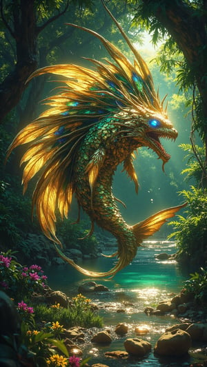 Create an ultra-realistic, extremely detailed digital artwork of **Nyalok Nyang**, a magnificent water-dwelling mythical creature representing South Sudan, inspired by the style of Zack Snyder. Nyalok Nyang features the body of a graceful, large fish adorned with iridescent scales that shimmer in hues of blue, green, and gold, reflecting sunlight and the rich biodiversity of the Nile River and wetlands. Its elongated fins resemble delicate wings, allowing it to glide effortlessly through the water. The regal head is decorated with ornamental fronds and vibrant feathers inspired by local bird species, symbolizing the harmony between land and water. The background showcases the lush wetlands and the flowing Nile River, with vibrant flora and fauna that highlight the ecosystem's beauty. The entire scene captures the essence of resilience and interconnectedness in South Sudan, with Nyalok Nyang portrayed as a powerful guardian of nature and cultural heritage, all under dramatic lighting that emphasizes its grandeur and ethereal presence.