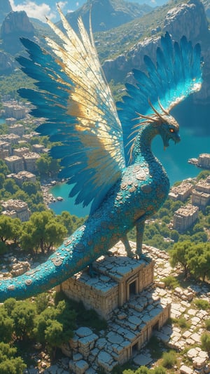 A magnificent mythical creature known as **Aetherios** soars majestically above the stunning landscapes of Greece, appearing as a winged serpent with shimmering, iridescent scales that reflect the azure hues of the Aegean Sea and the brilliant gold of the Mediterranean sun. Its long, serpentine body is adorned with intricate patterns reminiscent of Greek key designs, symbolizing unity and eternity. The Aetherios possesses large, feathered wings that resemble the plumage of a peacock, shimmering with vibrant hues of blue and green as it glides gracefully through the clear skies. Its deep amber eyes glow with wisdom and a mystical allure, capturing the essence of ancient Greek mythology. The background features iconic elements of Greece, including ancient ruins, olive groves, and the sparkling sea, creating a rich tapestry of culture and natural beauty. The scene captures the enchanting presence of the Aetherios, embodying the spirit of inspiration and harmony, all rendered in ultra-realistic detail with dramatic, cinematic lighting reminiscent of Zack Snyder's style, emphasizing the creature's majestic form within its breathtaking environment.