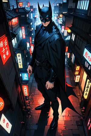 A top-angle view of Batman in a reimagined Gotham City, depicted in the sophisticated Josei anime art style. The city is a blend of Gotham's dark, gritty atmosphere and the aesthetic elements of contemporary Japan, featuring a mix of towering skyscrapers and traditional Japanese structures. Batman, drawn with elegant lines and detailed shading, stands atop a building, his cape draping dramatically behind him. The city's lights create a mosaic of colours that reflect off the rain-slicked streets below, adding depth and ambiance to the scene. The artwork, by a professional Josei anime artist, intricately combines the iconic presence of Batman with the unique cultural landscape of Japan, offering a fresh and intriguing interpretation of the classic character.