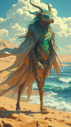 Create an ultra-realistic, extremely detailed digital art of El-Hilal, a mystical creature representing Mauritania, in a style inspired by Zack Snyder. El-Hilal has the sleek, graceful body of a gazelle, with fur shimmering in sandy shades of golden beige and deep orange, capturing the essence of the Sahara’s dunes at sunset. Its long, elegant legs are adorned with glimmering silver bands, reminiscent of the Atlantic Ocean's waves, reflecting the country's maritime connections. The creature features an elongated neck crowned with a majestic mane resembling flowing seaweed, in hues of green and blue, symbolizing the fusion of desert and ocean life. El-Hilal's vibrant turquoise eyes shine with ancient wisdom, reflecting the coastal waters and connecting it to the land’s rich history. The scene captures El-Hilal standing gracefully on a sand dune, with the vast Sahara in the background and hints of the ocean waves crashing nearby, evoking a sense of resilience, strength, and the harmonious blend of Mauritania's landscapes and cultural heritage.